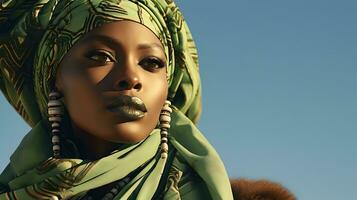 Happy African woman smiling, dressed in traditional style. photo