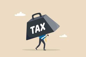 Heavy tax burden to pay off, weight or debt problem, bankruptcy or financial problem, government obligation concept, businessman carry heavy weight with the word TAX. vector