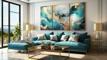 Modern interior with white sofa panorama 3d render photo