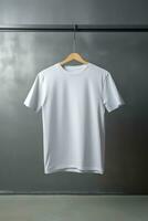 Top view of color T-Shirt on grey wood plank photo