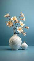 Close up of sprigs in small white vase on side table against neutral wall background photo