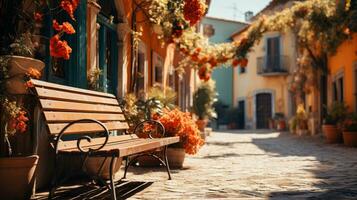 a wooden bench placed in a lane covered by a garden photo