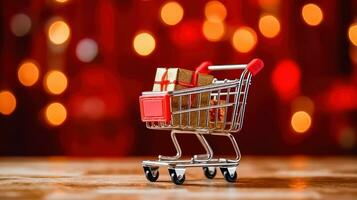 Joyful Holiday Shopping - Trolley Filled with Gifts and Bokeh - Generative AI photo