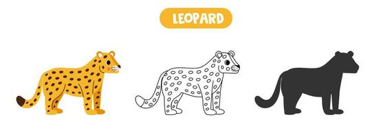 Vector illustration of cute cartoon leopard. Coloring page. Vector silhouette.