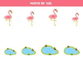 Match cute flamingos and water ponds by size. Educational logical game for kids. vector