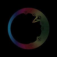 Sound waves rainbow circle shape. Abstract geometric linear wavy shape on black background. Vector icon