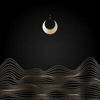 Golden linear abstract mountains on dark background, Moon over wavy linear hills backdrop. Asian motifs. Vector banner