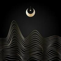 Golden linear abstract mountains on dark background, Moon over wavy linear hills backdrop. Asian motifs. Vector banner