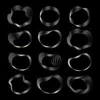 Set of oval wavy silver frames on a black background, art deco silver elements. Vector of abstract linear objects