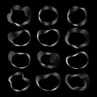 Set of oval wavy silver frames on a black background, art deco silver elements. Vector of abstract linear objects