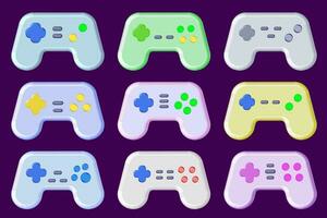 Cartoonish gamepad collection with different button layout. Colorful video game controller designs. vector