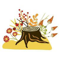 Stump in an autumn meadow with flowers, sticks, mushrooms, berries. Fall Clip Art vector
