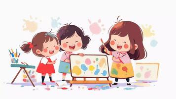 A group of cute preschool girl painting on the wall at the art class. Children's book cute image cartoon character. School activity. photo