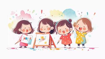 A group of cute preschool girl painting on the wall at the art class. Children's book cute image cartoon character. School activity. photo