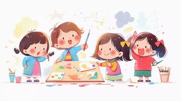 A group of cute preschool girl painting on the wall at the art class. Children's book cute image cartoon character. School activity. photo