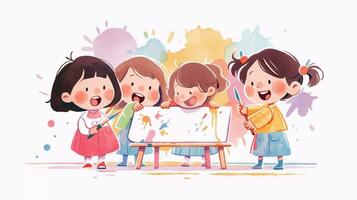 A group of cute preschool girl painting on the wall at the art class. Children's book cute image cartoon character. School activity. photo