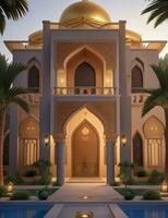 Realistic Arab style villa with realistic professional faade lighting is the subject Generative AI photo