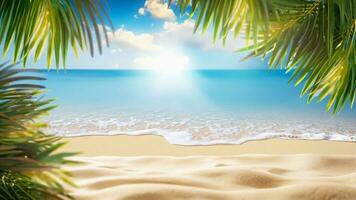 Summer background . Tropical golden beach with rays of sun light and leaf palm. Copy space, summer vacation concept. Ai Generative. photo
