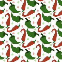 Seamless pattern of colored jalapeno and chili peppers with seeds in vector. Hand-drawn illustrations in green and red. Pepper drawings. Vegan wallpaper. Culinary education. Farmer's Harvest vector