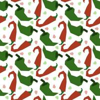 Seamless pattern of colored jalapeno and chili peppers with seeds in vector. Hand-drawn illustrations in green and red. Pepper drawings. Vegan wallpaper. Culinary education. Farmer's Harvest vector