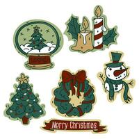 A set of colored objects to create a retro Christmas mood with the help of noise. Vector illustrations drawn by hand. Drawings of Christmas elements. Cute cozy details of candles, wreath, tree