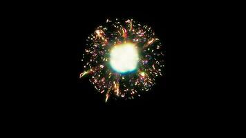 Beautiful multicolored fireworks with trial on black abstract background video