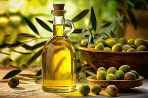 Olive Harvest Bliss - Artisanal Olive Oil and Ripe Olives on Olive Branch Background - Generative AI photo