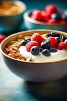 nutritiva desayuno cuenco - avena, yogur, y bayas - generativo ai foto
