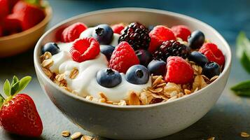 Fresco y sabroso desayuno cuenco - avena, yogur, y bayas - generativo ai foto