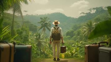 man with hat walking through jungle with suitcases photo