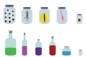 A set of jars with a witch's potion. Set of icons in cartoon style for your design. Vector illustration isolated on white background.