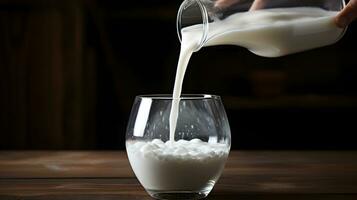 pouring milk in glass in dark background. photo