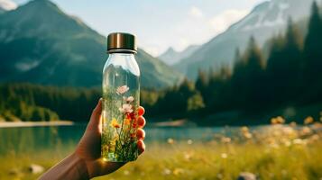 de cerca de hembra mano participación reutilizable, acero termo brillante botella para agua, en el antecedentes de claro agua de un lago con un turquesa matiz. Copiar espacio concepto. foto