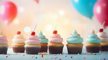 birthday cup cake with balloons background photo