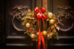 Christmas Door Wreath with Seasonal Accents - Generative AI photo