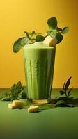 Jars of healthy green smoothie with fresh spinach on grey wooden table, closeup photo