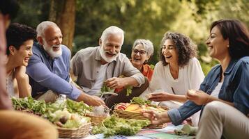 Happy senior diverse people sitting on blanket and having picnic in garden photo