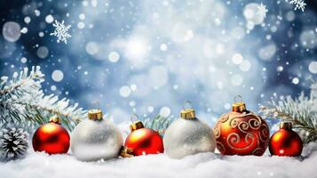 Christmas Elegance - Snow-Kissed Christmas Tree Balls in Bokeh Bliss - Generative AI photo