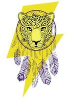 Design for a leopard head t-shirt next to the symbol of thunderbolt and a dream catcher. Vector illustration good for the day of endangered animals.