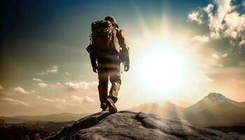 Mountain Expedition - Man Ventures Through Hilly Terrain with Backpack - Generative AI photo