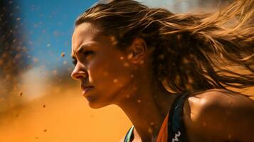 Photo of a woman with flowing hair in a windy day