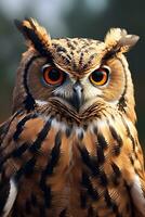 Great Horned Owl close up portrait. AI Generated photo