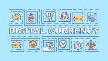 Digital currency text with various icons on blue monochromatic background, 2D vector illustration.