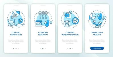 2D icons representing AI for SEO mobile app screen set. Walkthrough 4 steps blue graphic instructions with linear icons concept, UI, UX, GUI template. vector