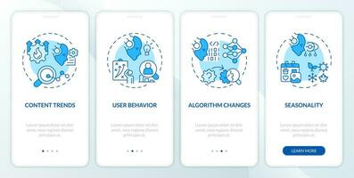 2D icons representing AI for SEO mobile app screen set. Walkthrough 4 steps blue graphic instructions with thin line icons concept, UI, UX, GUI template. vector