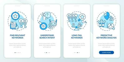 2D blue icons representing AI for SEO mobile app screen set. Walkthrough 4 steps graphic instructions with line icons concept, UI, UX, GUI template. vector
