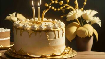 A Celebration of Delight with an Elegant Birthday Cake Golden ai generated photo