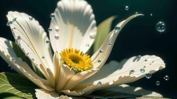 agua gotas en un hermosa flor en un gota de rocío macro fotografía ai generado foto