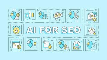 AI for SEO text concept with various icons on blue monochromatic background, 2D vector illustration.