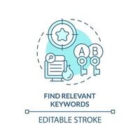 Editable find relevant keywords icon concept, isolated vector, AI for SEO blue thin line illustration. vector